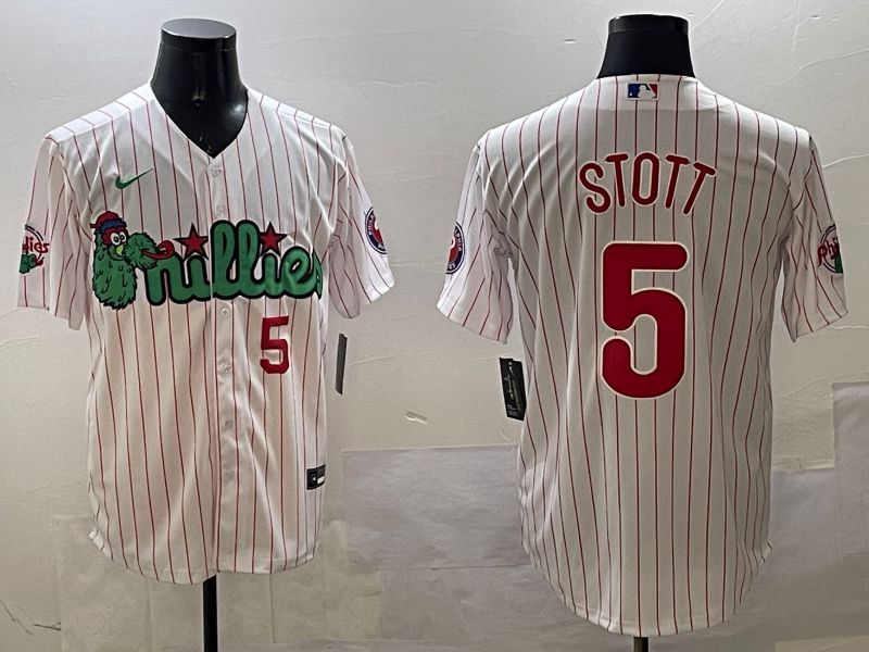 Men Philadelphia Phillies 5 Stott White Stripe Three generations Joint Name Game 2025 Nike MLB Jersey style 4